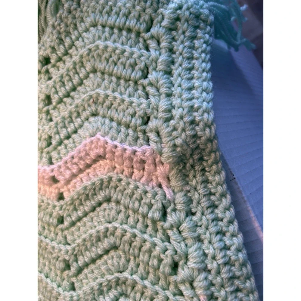 Handmade Afghan Blanket Throw Chevron Stripe Turquoise & White Decor Baby Modern